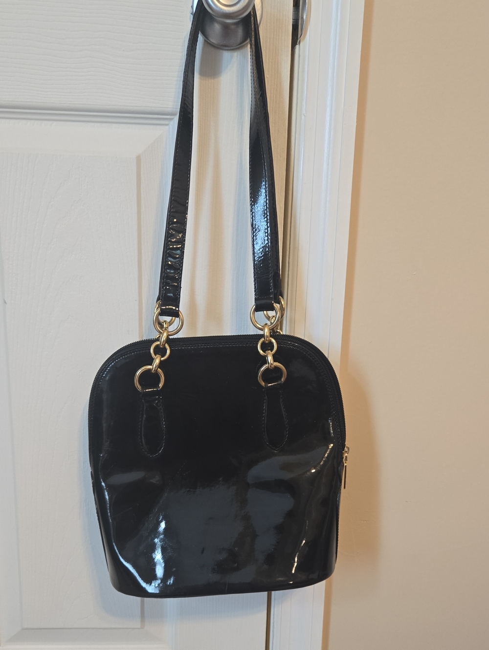 Saks Fifth Avenue Black Patent Shoulder Bag with Gold Rings